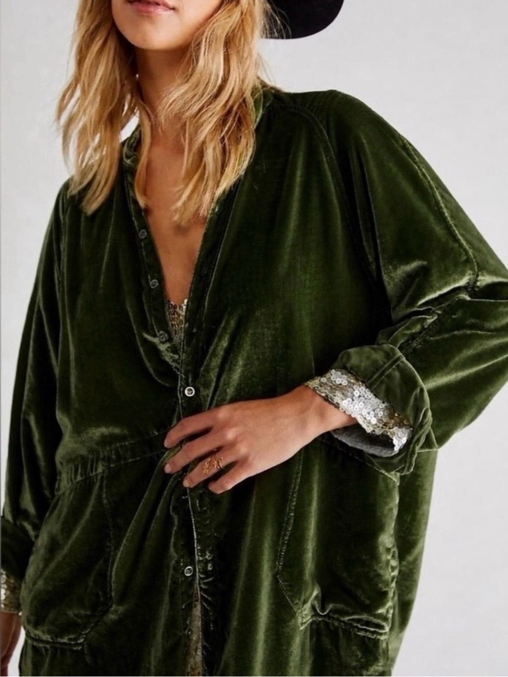 Natural Life Dark Green Velvet Oversized Button Down Shacket Top Goth Boho Small